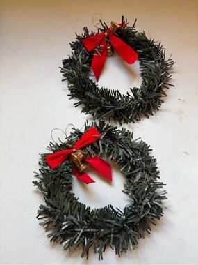 Holiday Evergreen Wreath with Red Bow and Bell - Set of 2